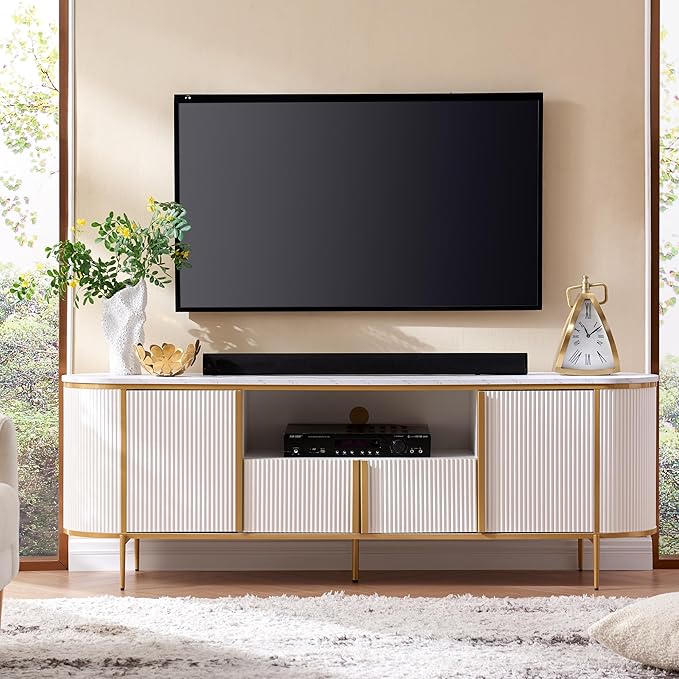 OKD 70" Fluted TV Stand with Storage, Faux Marble Top Entertainment Center for TVs Up to 80", Modern Curved Edge Media Console Cabinet for Living Room, Off White