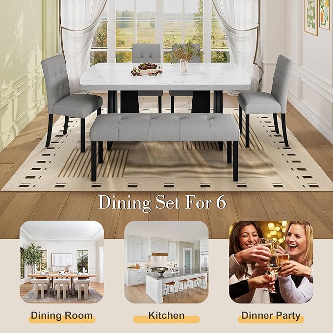 Merax 6-Piece Dining Table Set for 6, Modern Faux Marble Oval Kitchen Tabletop with Four Upholstered Chairs and One Bench for Dining, Living Room, Kitchen, Easy Assembly, White+ Gray