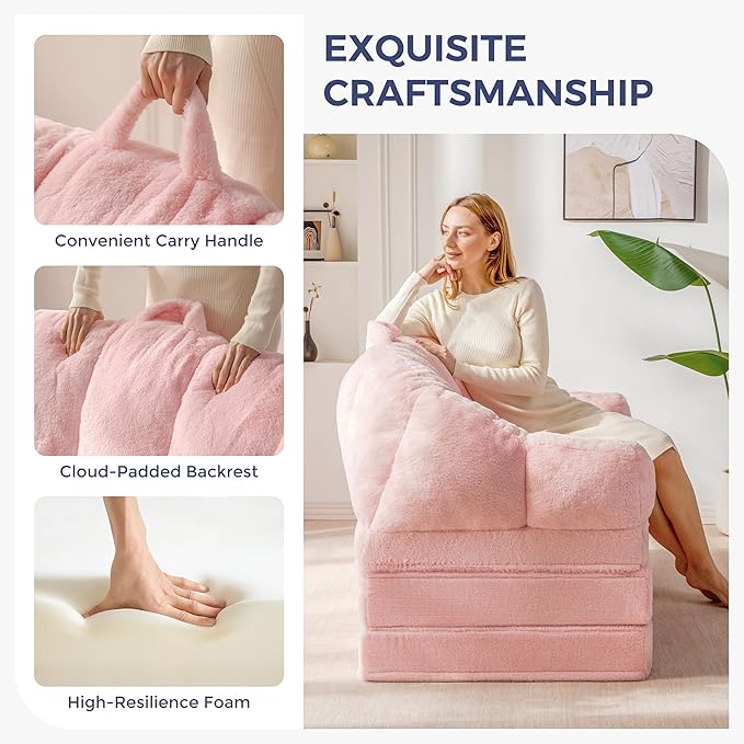 MAXYOYO Folding Sofa Bed, 2 in 1 Convertible Sofa to Lounger Comfy Loveseat Bean Bag Chair for Adults, Floor Sleeper Couch with Handle, Faux Fur Couch Bed for Living Room Bedroom, Pink, Loveseat
