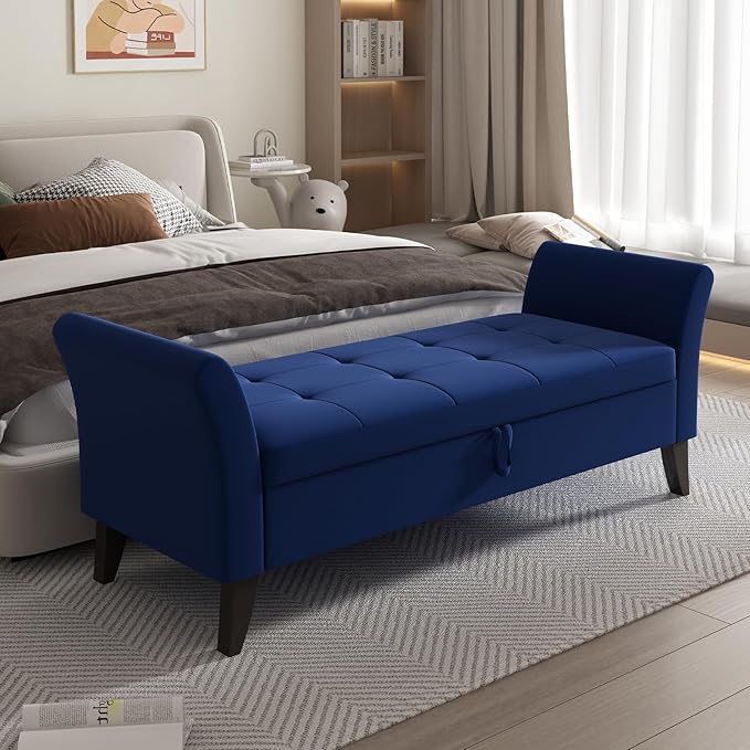 Furniliving Storage Ottoman Bench, Velvet Benches End of Bed Bench with Solid Wood Legs Upholstered Ottoman with Storage Indoor Bench for Living Room with Rolled Arm, Entryway, NavyBlue