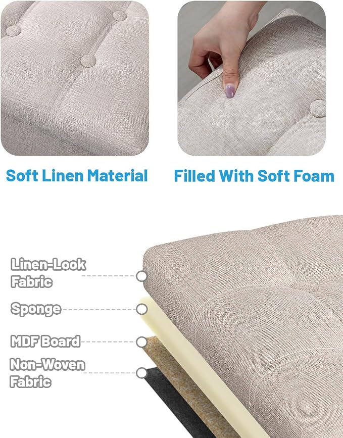 AmasSmile 2PC Ottoman Storage Footrest, 17 inch, Beige, Linen Fabric, Foldable, 43L Hidden Storage Space