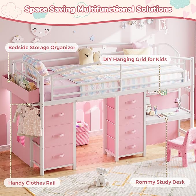 Twin Low Loft Bed with Desk, 7 Storage Drawers & LED Lights, Kids Metal Loft Bed with 12" H Safety Guardrail, Underbed Play Space & Curtain, Anti-Collision Pad (Pink)