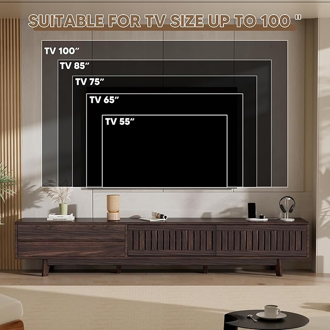 TV Stand for up to 100 Inch TVs, 94.5" Entertainment Center with Storage & Power Outlet, Mid Century Modern Media Console w Drawers and Sliding Door, Television Stand for Living Room, Walnut