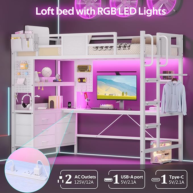busyaeh Loft Bed with Desk,Twin Loft Bed with Desk & LED Lights and Charging Station,Bunk Bed with Desk & 5 Large Drawer Cabinets and 2 Open Shelves,Loft Bed Twin Size with Safety Guard Ladder,White