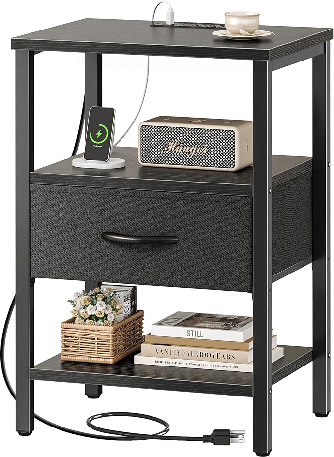 SUPERJARE Nightstand with Charging Station, Bed Side Table with Adjustable Fabric Drawer, Night Stand for Bedroom, 3-Tier Storage End Table, for Living Room, Black