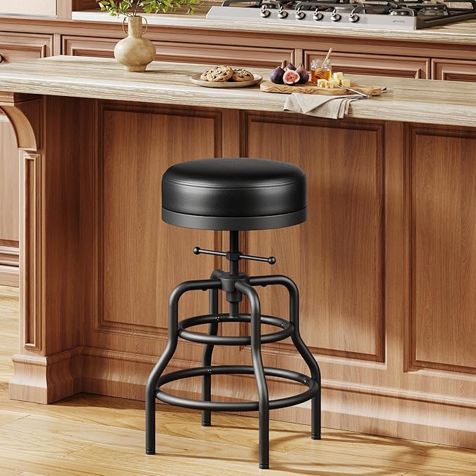 Raynesys Adjustable Height Swivel Bar Stool, 22-29 Inch Industrial Vintage Bar Counter Height Stool with Thicken Premium Bonded Leather Seat & Updated Footrest, Easy Assembly, Black