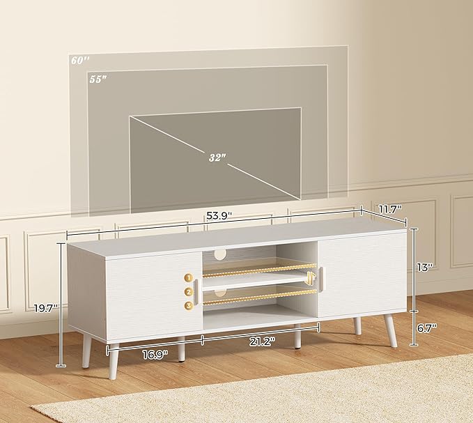 SUPERJARE TV Stand for 55 Inch TV, Entertainment Center with Adjustable Shelf, 2 Cabinets, TV Console Table, Media Console, Solid Wood Feet, Cord Holes, for Living Room, Bedroom, White