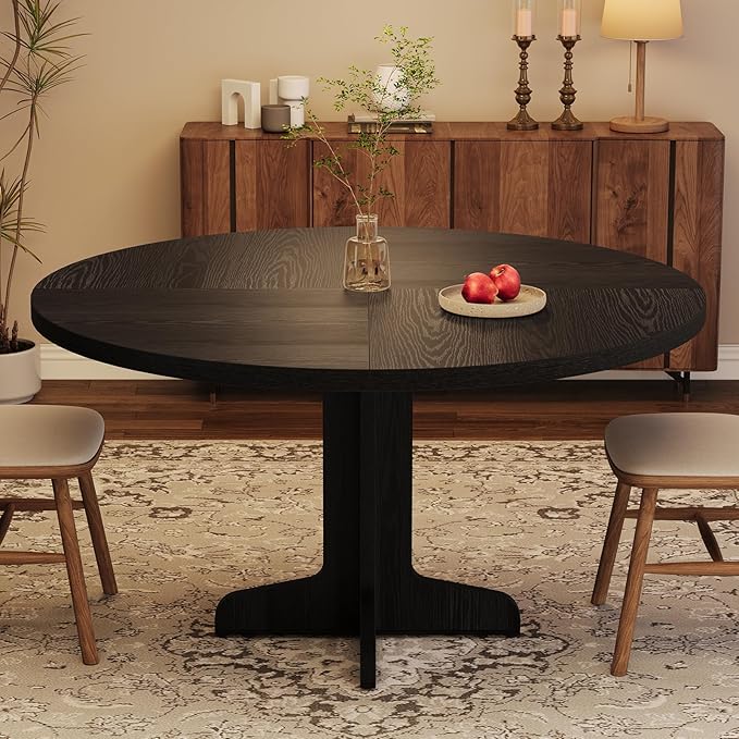 IDEALHOUSE Round Dining Table for 4, 47 Inches Dining Room Table with Wooden Base, Circle Kitchen Dinner Table for Dining Room, Kitchen, Living Room (Table Only), Black