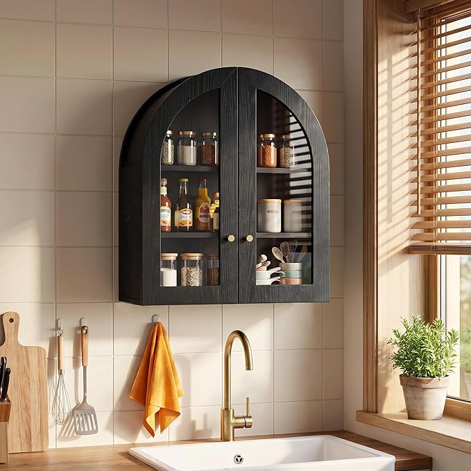 Arched Wall Cabinet, Bathroom Cabinet Wall Mount with Glass Doors & Adjustable Shelf, Floating Medicine Cabinet for Bathroom, Kitchen, Living Room Storage, Black
