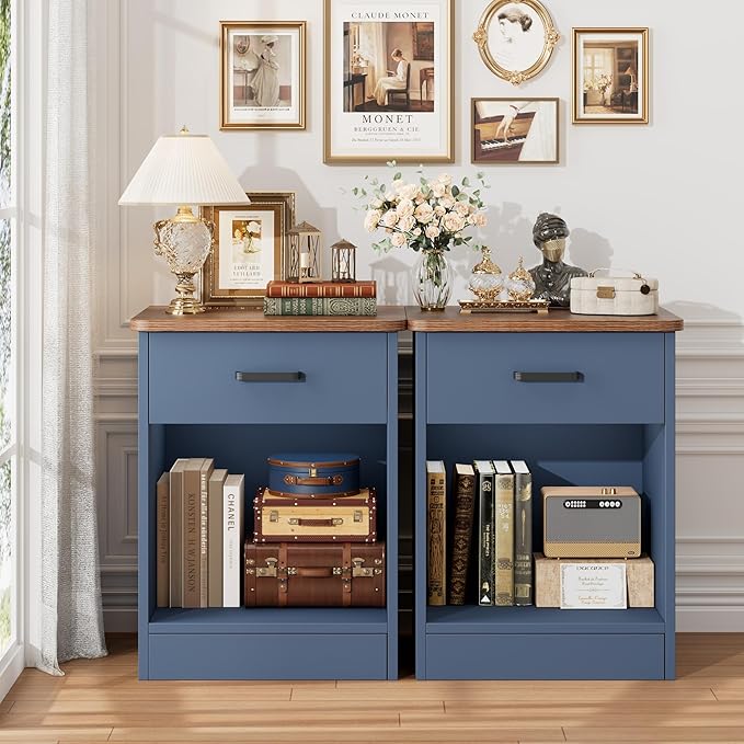 FOTOSOK Nightstand, 2-Tier Side Table with Drawer and Storage Shelf, Bedside Table End Table, Modern Night Stand for Bedroom, Home Office, Blue