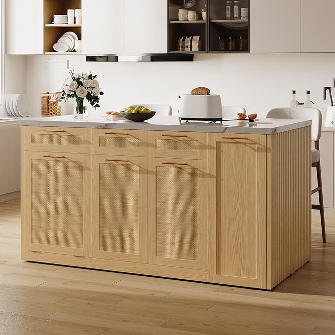 LIKIMIO 59" Kitchen Island with Power Outlet & Hidden Trash can Storage, Faux Marble Island Table with Seating Area, 3-Tier Spice Rack, 3 Drawers, 2-Tier Cabinet, Kitchen Cart on Wheels, Natural