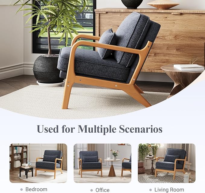 MALOL Accent Chair with Solid Wood Frame, Mid-Century Relaxing Armchair Lumbar Pillow& Soft Cushion, Reading Leisure Chair for Living Room, Bedroom, Waiting Room-Blue