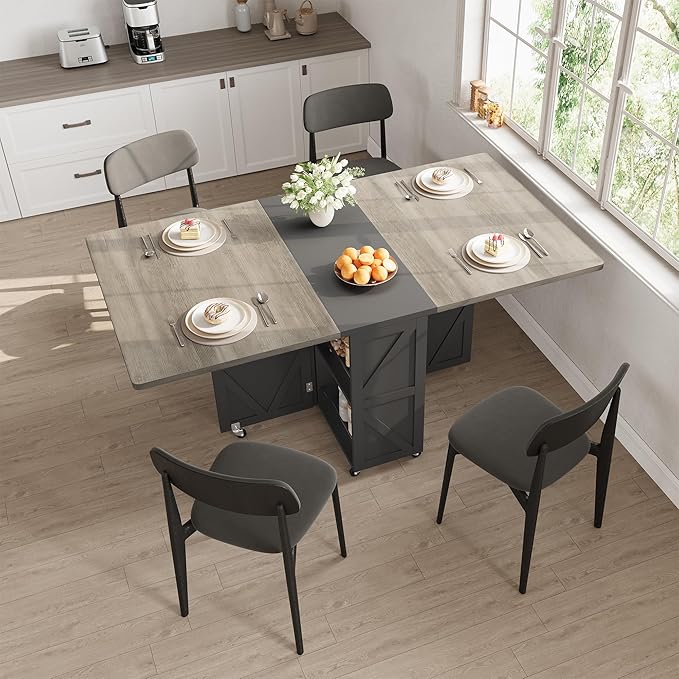 Jocoevol Folding Dining Table for Small Spaces, Space Saving Foldable Kitchen Table with Drawer & Storage Shelf, Rolling Drop Leaf Dining Table with Wheels for Dining Room (Grey 47.2" x 23.6" x 29.5")