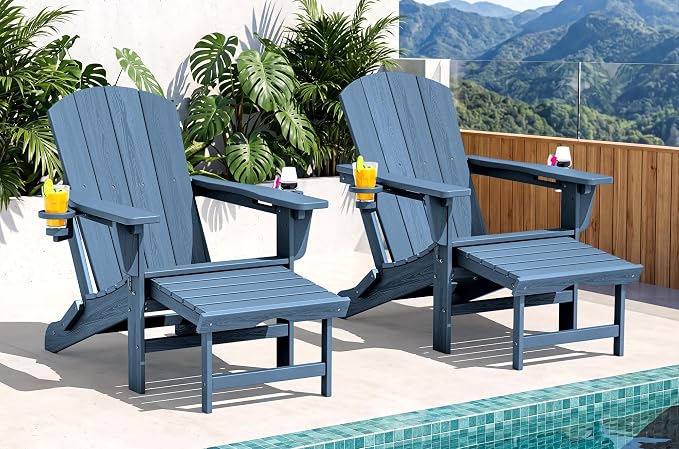 SERWALL Folding Adjustable Adirondack Chairs with Footrest Set of 2, HDPE Outdoor Chair with Dual Cup Holders, All Weather Adirondack Chair with Ottoman, Blue
