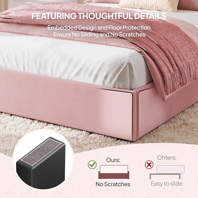 Welzona Full Size Upholstered Bed Frame with 4 Storage Drawers, Velvet Upholstered Metal Platform Bed with Vertical Tufted Headboard, 3-Level Height, Metal Slat Support, Noise-Free Easy Assembly, Pink