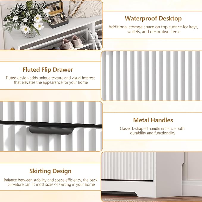 HUANLEGO Shoe Cabinet Storage for Entryway with 3 Flip Drawers, White Fluted Shoe Cabinet with Adjustable Shelves, Wooden Hidden Shoe Rack Freestanding Narrow Slim Shoes Storage for Hallway, Entrance