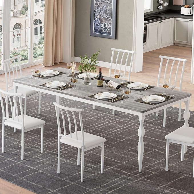 Garvee 79-Inch Modern Farmhouse Dining Table, Large Rectangular Kitchen Table for 6-8 People, Sturdy Wood Top with Unique Legs, Scratch-Resistant Dining Room Furniture for Party, Big Family, Grey