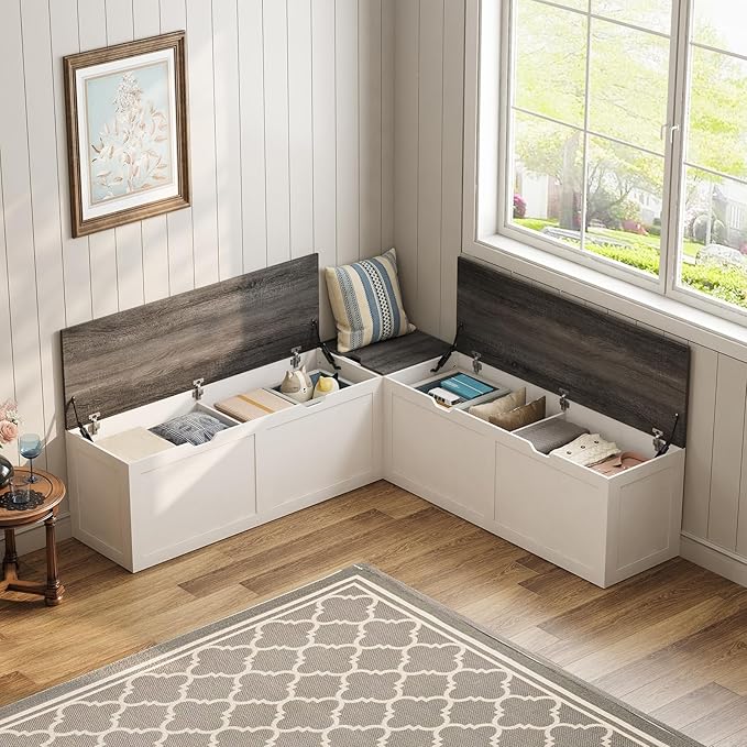 L Shape Kitchen Breakfast Nook Bench, Kitchen Corner Nook Bench Seating with Hidden Storage, Corner Dining Bench for Entryway. (Gray + White)