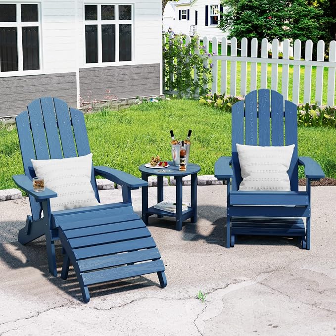 MXIMU Folding Adirondack Ottoman Outdoor: HIPS Plastic Patio Footstool Easy Assembly - All Weather FootRest Foot Stool for Adirondack Chair Use in Garden Lawn Backyard Pool (Navy)