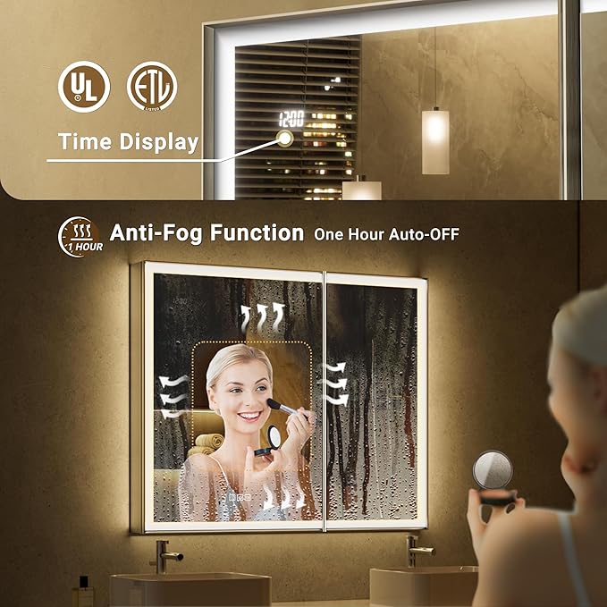 24x32 Lighted Medicine Cabinet with Mirror, Beveled Brushed Nickel Framed Surface or Recessed Fogless Dimmable LED Medicine Cabinet with Outlet, Time Display and Sensor Inner Light