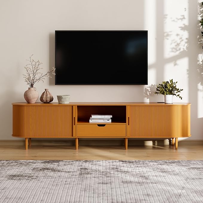 86.6" Fluted TV Stand with Power Outlet for TVs up to 90", TV Console with Adjustable Shelves and Sliding Door,Mid Century Modern Entertainment Center for Living Room,Bedroom (Yellow Walnut, 86.6Inch)
