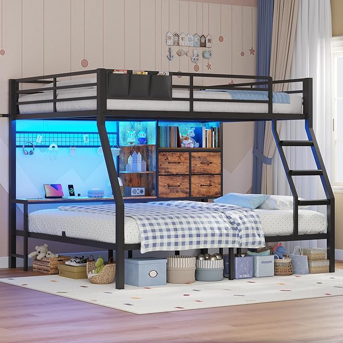 BTHFST Full Over Full Bunk Beds with 4 Storage Drawers & Shelves & Bedside Caddy, Bunk Bed with Charging Station & LED Lights, Full Size Bunk Bed with Safety Guardrail & Angled Ladder, Rustic Brown