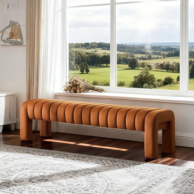 63’’ Bedroom Bench, Upholstered End of Bed Bench with Solid Wood Legs, Modern Long Dining Bench with Full Covered Fabrics for Entryway, Bedroom, Living Room (Brown, Velvet)