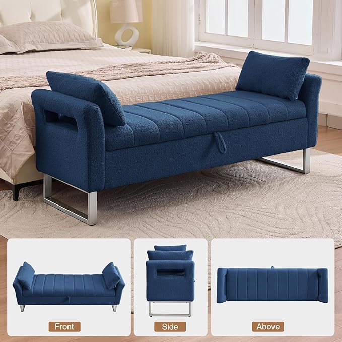 66'' End of Bed Bench with Storage for Bedroom King Size, Long Bedroom Benches for Foot of Bed King, Teddy Storage Bed Bench with Armrest & 2 Pillows for Entryway, Navy Blue