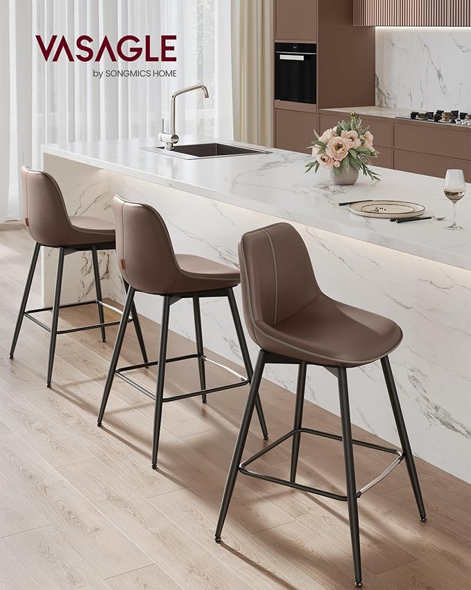VASAGLE Bar Stools Set of 4, Counter Height Bar Stools with Back, Ergonomic Backrest, Synthetic Leather, Metal Legs, 24.8-Inch Tall Barstools for Kitchen Island Home Bar, Easy Assembly, Coffee Brown