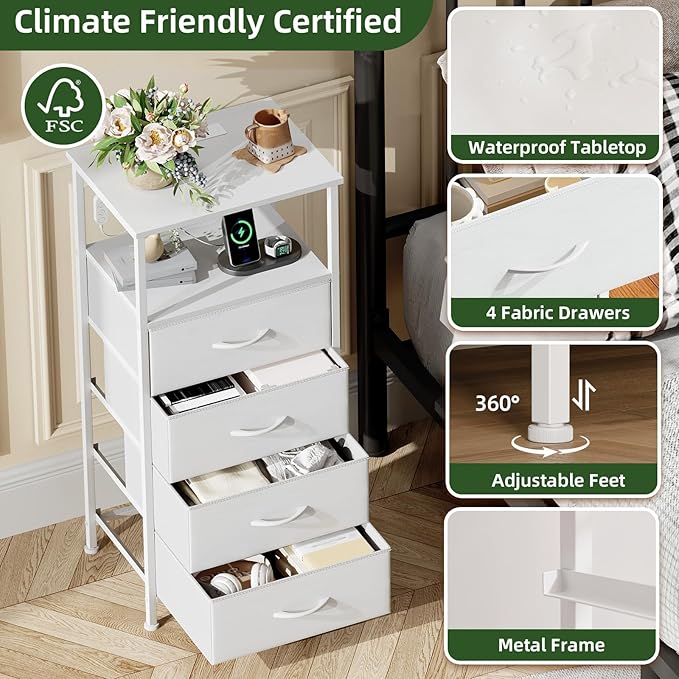 Somdot White Nightstand with Charging Station and LED Light for Bedroom, Tall 4 Drawers Dresser with Fabric Bins for Bedside Kids Dorm Room Closet Laundry Entryway, White Leather