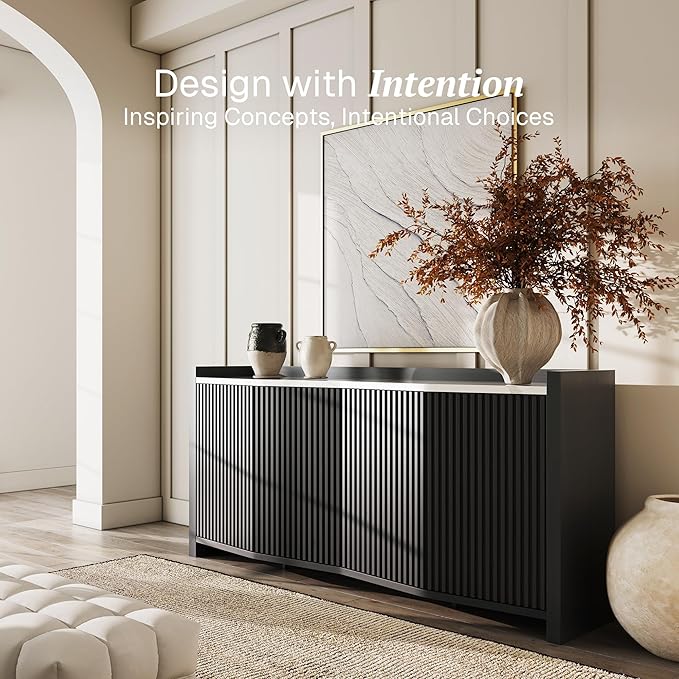 BELLEZE Set of 2 Sideboard Buffet Cabinet, 132'' Modern Credenza with Storage Adjustable Shelf, Fluted Console Table with Faux Marble Panel for Kitchen, Dining Room, Entryway - Ebony