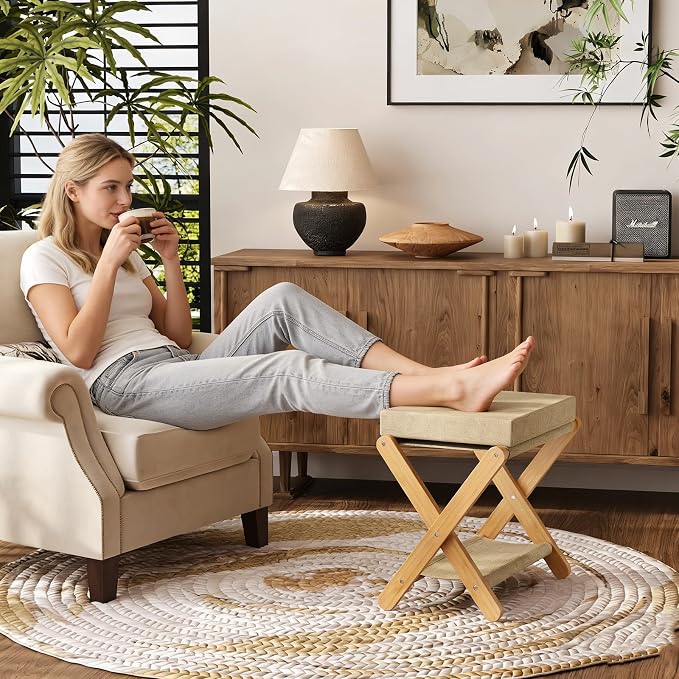 Trironsun Foldable Bamboo Foot Stool Ottoman Double-Layer X Legs Folding Footrest with Padded Cushion Small Upholstered Ottoman for Bedroom Living Room Vanity or Couch (Natural Bamboo)