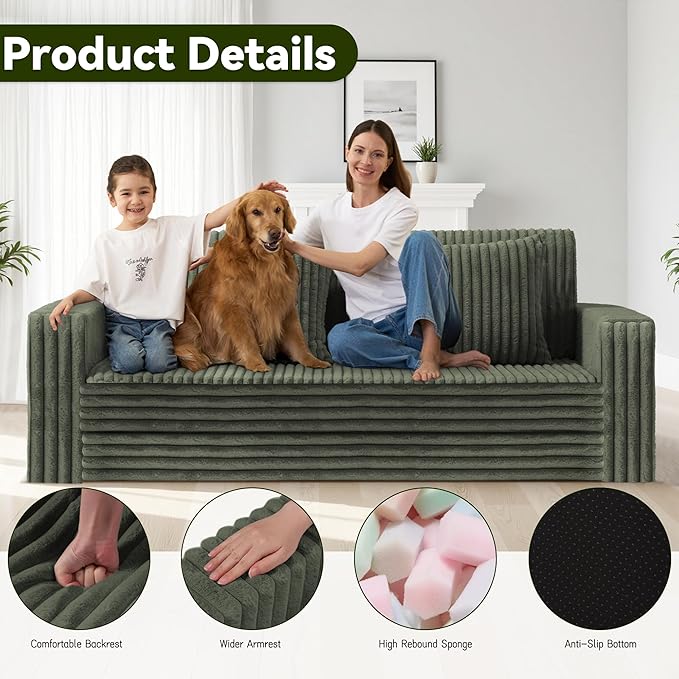HABUTWAY 68" Loveseat Boneless Couch, 4-in-1 Convertible Sofa Bed, Plush Fur Folding Futon Sofa Bed Couches with 2 Pillows for Living Room, High-Density Foam Support, No Assembly Required, Green