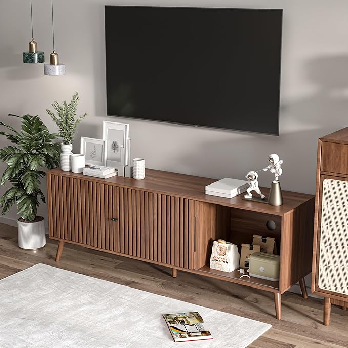 Oubayajia Mid Century Modern TV Stand for Televisions up to 70 Inches, with Sliding Doors and Storage, Television Stands, TV Consoles, Media Consoles for Living Room, 63 Inch (Walnut)