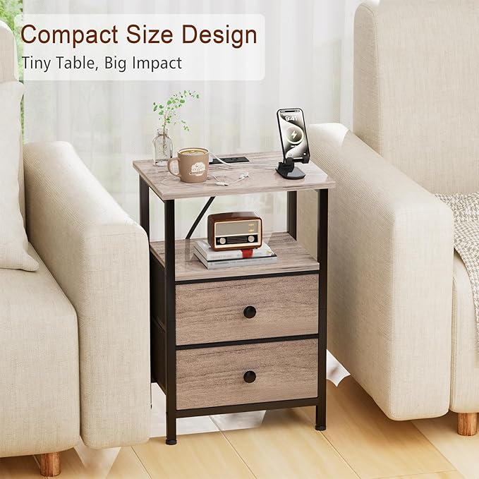 LOAKEKEL Night Stand, Nightstand with Charging Station, Slim Industrial Bedside Table with 2 Fabric Drawers, Small End Table with USB & Type-C Ports for Bedroom, Grey, HETS020GY-1