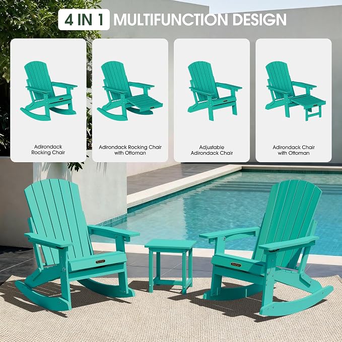 Adjustable Adirondack Rocking Chair Set of 2 with Retractable Ottoman Footrest, 4-in-1 Foldable HDPE Outdoor Rocker, Weather Resistant Adirondack Chair for Porch, Garden & Poolside, Lake Blue