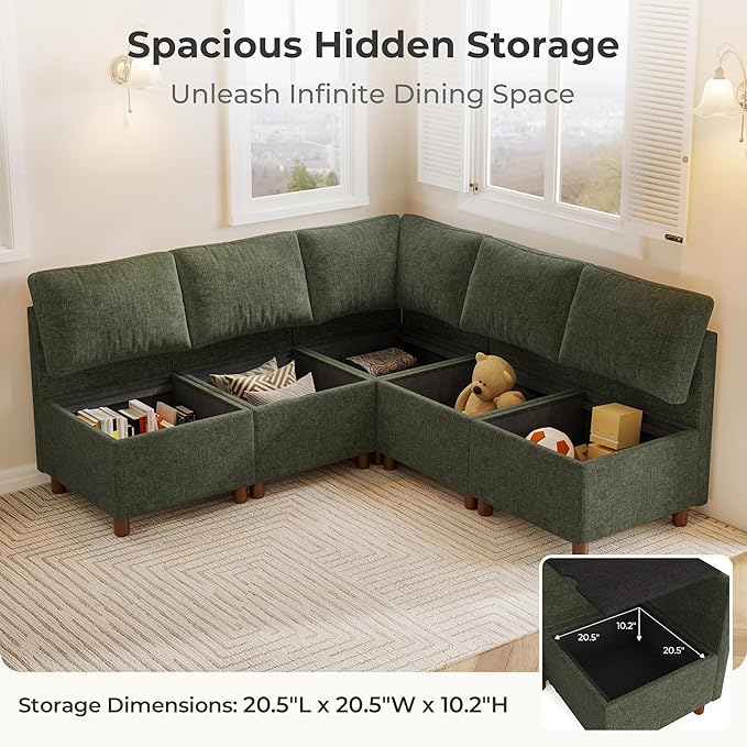 SITJOY Breakfast Nook Bench with Storage, Modular Corner Kitchen Banquette Seating, Dining Settee Couch, Upholstered Dining Bench with Back, Soft-to-Touch Fabric in Green, 7-Seat L Shaped Booth