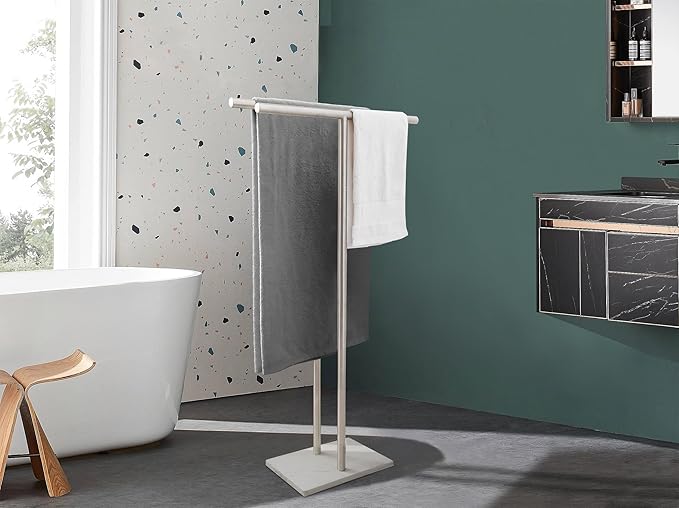 EADOT 40.3 Inch Standing Towel Rack Bath Sheet Holder with Marble Design Base for Bathroom Floor 2 Tier Towel Holder Stand 304 Stainless Steel Brushed Nickel(Same Height)