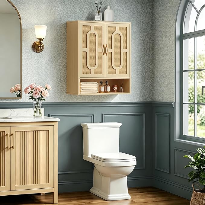 VECELO Rattan Bathroom Wall Cabinet, Medicine Cabinets with Adjustable Shelves, Wall Mounted Above Toilet Storage Organizer for Bathroom, Kitchen, Entryway