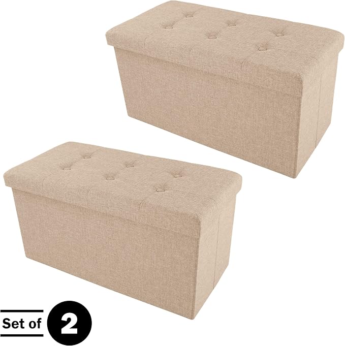 Lavish Home Folding Storage Ottoman - Set of 2 30-Inch Tufted Footrest, Linen Chest, or Bench with Removable Bin for Living Room, Bedroom, or Dorm (Beige)