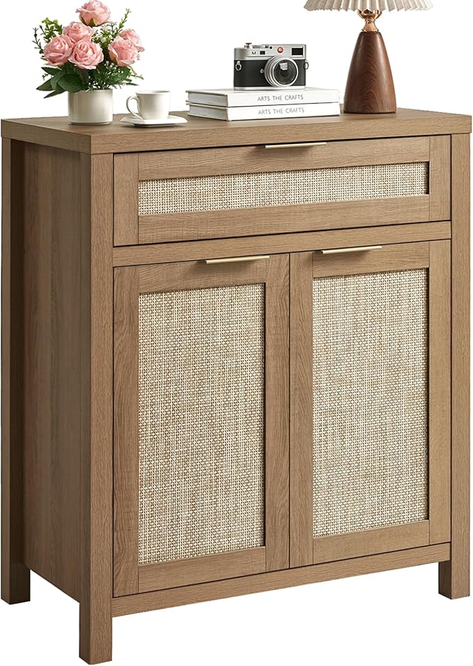 HOKYHOKY Rattan Sideboard Buffet Cabinet, Boho Storage Cabinet with Adjustable Shelf, Farmhouse Credenza Coffee Bar Cabinets with Doors & Drawer for Living Room, Hallway & Kitchen