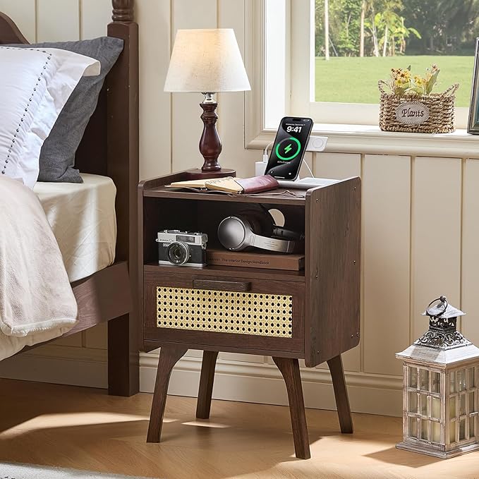 Lerliuo Rattan Nightstand with Charging Station, Walnut Bedside Table with Drawer Open Shelf, Cane Accent Side End Table with Solid Wood Legs, Night Stand for Bedroom, Dorm and Small Spaces