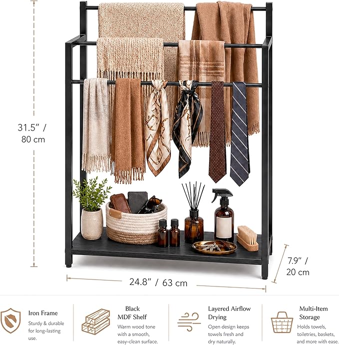 24.8" W Freestanding Towel Rack, 3 Tier Blanket Ladder Stand with Black Wooden Shelf for Bathroom Living Room