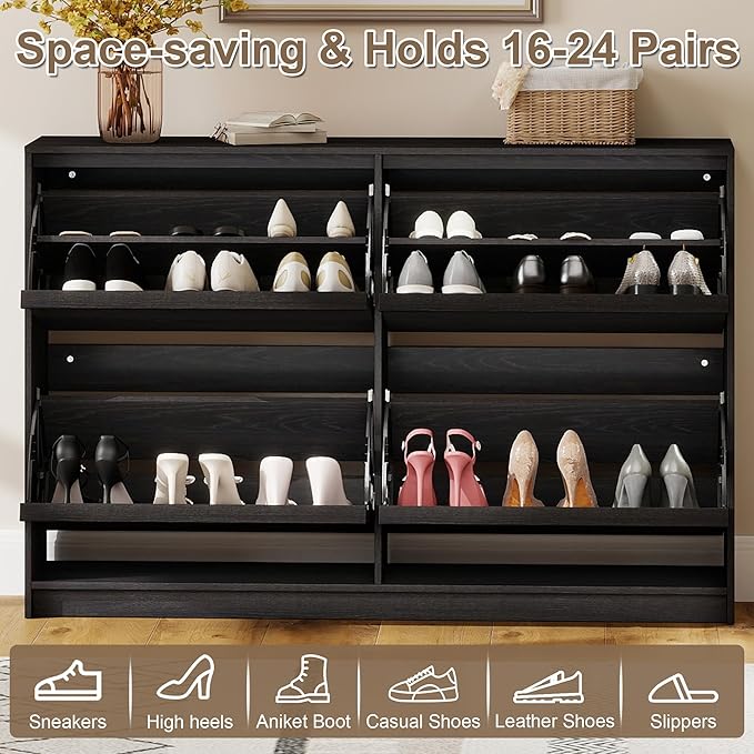 Shoe Storage Cabinet for Entryway with 4 Flip Drawers, Wooden Shoe Organizer Cabinet with Adjustable Shelf, Slim Freestanding Shoe Rack for Entryway, Hallway, Living Room, Black
