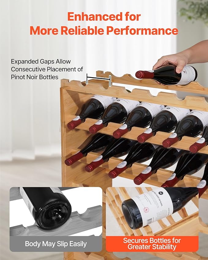 VEVOR 72 Bottle Stackable Modular Wine Rack, 8-Tier, Floor Freestanding Wine Storage Rack, Sturdy Wines Holder Display Shelf, Wobble-Free Shelves, Easy Assembly, for Kitchen, Cellar, and Bar, Natural