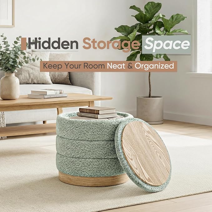 Round Storage Ottoman with Reversible Tray Lid, Folding Chenille Fabric Footrest with Hidden Storage, 15.4" Footstool for Small Spaces Living Room Bedroom, Wood Grain Base, Sage Green