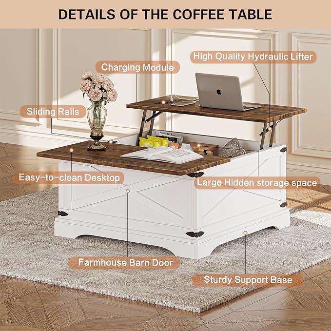 BROTTAR Lift Top Coffee Table with Storage, Square Coffee Table for Living Room with Charging Ports, Farmhouse Dining Table with Large Hidden Storage, White, 31.5"