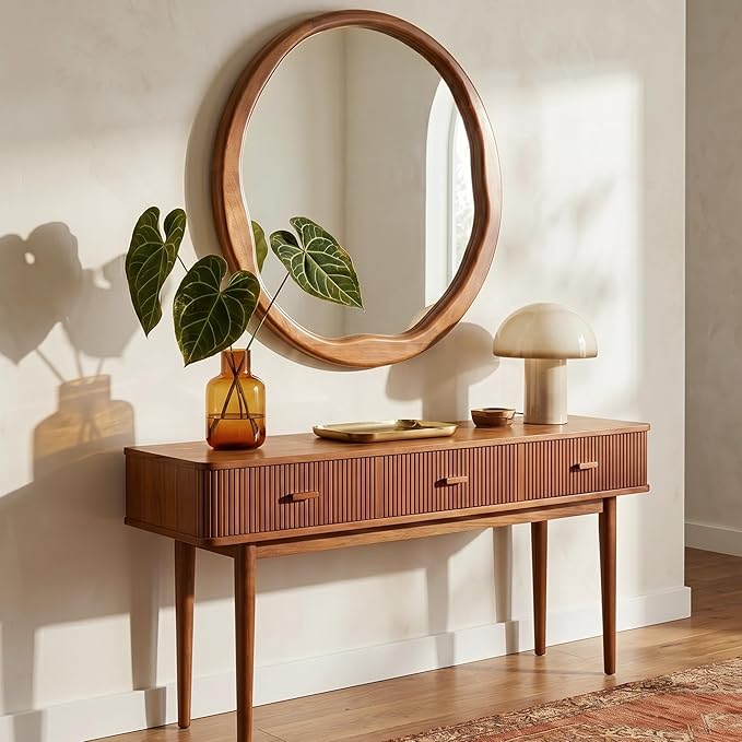 Walnut Round Wall Mirror 30 Inch, Large Solid Wood Framed Mirror with Wavy Inner Edge, Mid-Century Decor for Living Room, Dining Room & Entryway