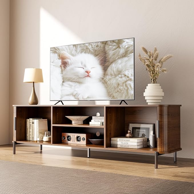 SUNCOZE 70" Mid-Century Fluted TV Stand with Storage, Modern Entertainment Centerfor TVs up to 80 Inch with Sliding Tambour Doors & Open Shelves, Media Console for Living Room or Bedroom (Walnut)