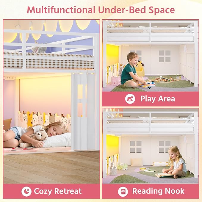 Dnxao Low Loft Bed Full Size with 9 Storage Drawers, Metal Kids Full Size Loft Bed Frame with Bookcase LED Lights & Charging Station, Space-Saving Under-Bed Secret Play Fort Bedframe, White